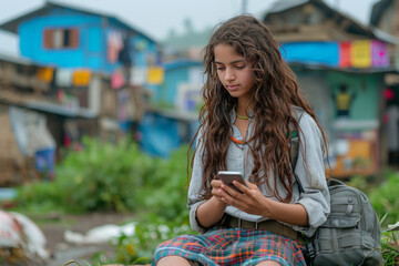 Fototapeta premium indian village teenage girl sitting in school uniform with phone in her hand.generative ai
