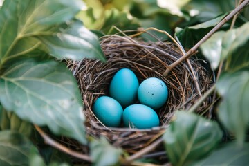 American Robin nest and blue eggs