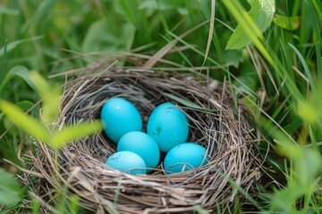 Obraz premium American Robin nest and blue eggs