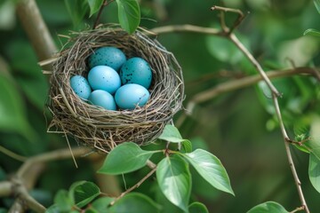 Fototapeta premium American Robin nest and blue eggs