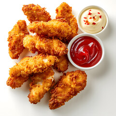 Freshly prepared chicken nuggest along with sauces to eat with your hands
