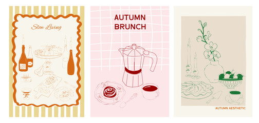 Interior posters set.  Collection of Slow living Fall posters. Food Poster template. Editable vector illustration.