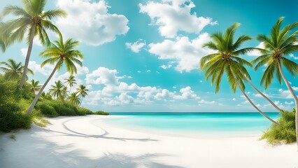 Summer beach scene with palm trees, turquoise water, and soft white sand, capturing the essence of a tropical paradise