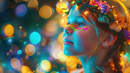 Fototapeta premium Young girl with colorful face paint and floral wreath, surrounded by bokeh lights, looking up with a dreamy expression.