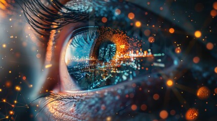 Close-up of business executive's eye with city skyline and network connections overlaid, representing vision and connectivity.