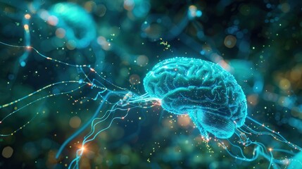 Holographic 3D rendering of human brain highlighting neural pathways and brain activity, tiny robots repairing neurons, glowing translucent appearance in blue and green shades.