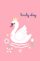 Poster or card with a cute swan on a pink background. Vector graphics.