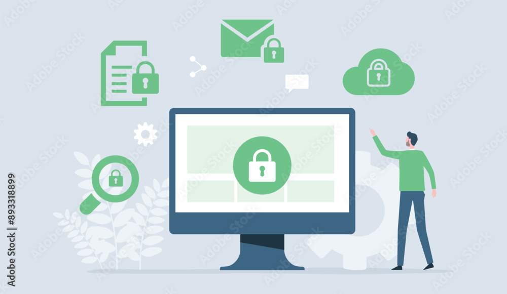 Aufkleber business data protection and internet cyber security concept . people working with computer monitor 