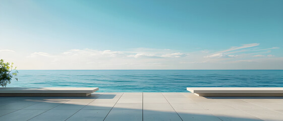 3D Rendering Empty Concrete Terrace with Sea View, Emphasizing Serenity and Coastal Living Ambiance