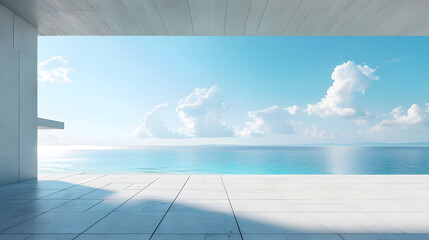 3D Rendering Empty Concrete Terrace with Sea View, Emphasizing Serenity and Coastal Living Ambiance