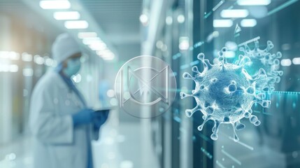 Healthcare worker with digital illustration of virus.