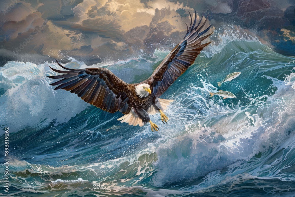 Wall mural Bald Eagle catching fish in ocean