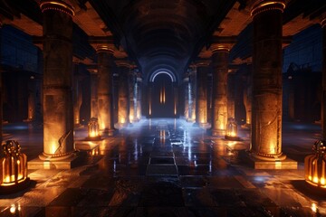 Columned chambers adorned with exploration gear and strategic lighting offer a dramatic and immersive environment for adventure. 