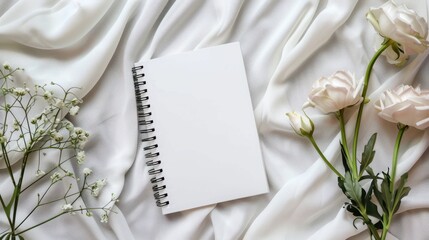 Blank notebook with roses on white fabric background.