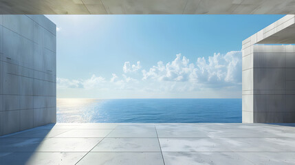 3D Rendering Empty Concrete Terrace with Sea View, Emphasizing Serenity and Coastal Living Ambiance