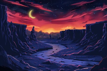 Obraz premium Desert Canyon Landscape with Setting Sun and Crescent Moon