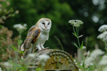 Obraz premium Barn Owl (Tyto alba) female on gravestone in churchyard