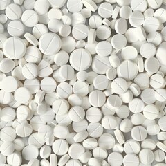 Heap or pile of white medicine tablet antibiotic pills. Pharmacy abstract texture background