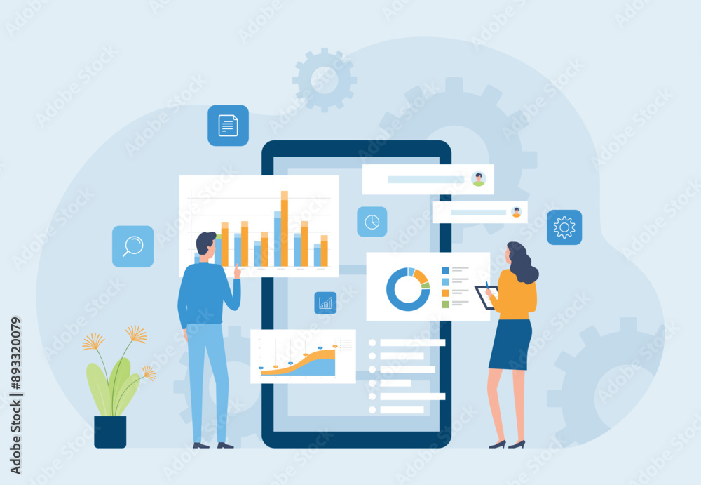 Aufkleber business data analytics report design concept. and flat vector illustration business finance investment monitor dashboard. people team working concept	