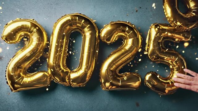 Female hand replacing balloon text "2024" with "2025".New beginnings.
