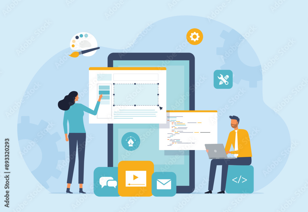 Aufkleber flat vector business mobile application developer and graphic design team working concept