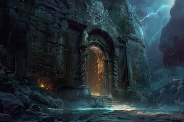 Ancient temple entrance with glowing portal during a stormy night