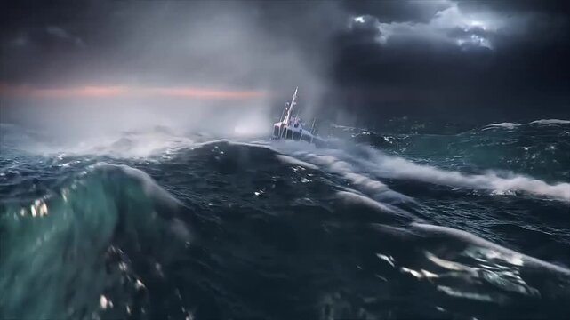 A ship caught in a storm, lightning strikes