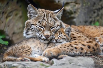 Fototapeta premium Bobcat adult and kitten, mother and kitten