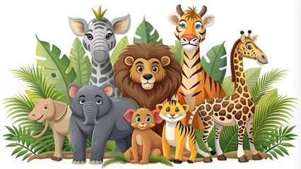 Naklejka premium A diverse group of cartoon animals from the African savanna