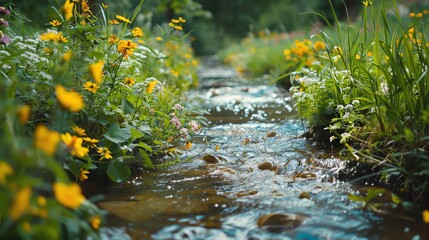 Enchanting stream with blooming flowers and fresh greenery along its banks, creating a calming and magical scene, ideal for visual content
