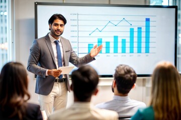 "Indian Professional Man Presenting Graphs on a Screen" – A businessman showing data visualizations to an audience.
