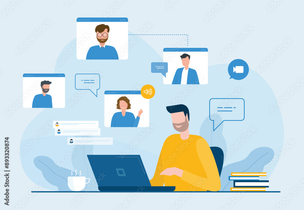 Poster flat vector design business people meeting online with video conference connect and technology remot