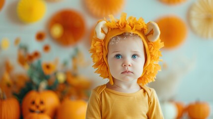 Fototapeta premium A close-up of a cute toddler in a lion costume, sitting among pumpkins and Halloween decorations, with a curious expression on their face.