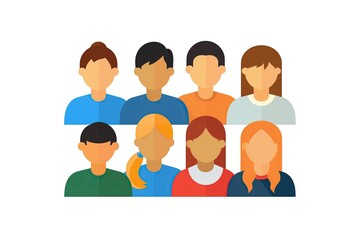 Fototapeta premium Eight cartoon faceless characters symbolizing network, team, community, Internet users. Avatar. Students of online platform. Young men and women icons set for web banners and presentations