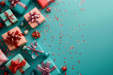 Obraz premium Christmas Presents with Red Bows on Turquoise Background, Festive Holiday Gifts Display