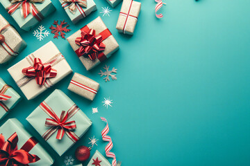 Christmas Presents with Red Bows on Turquoise Background, Festive Holiday Gifts Display