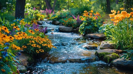 Enchanting stream with vibrant flowers and lush greenery along its banks, creating a peaceful and magical scene, perfect for editorial use