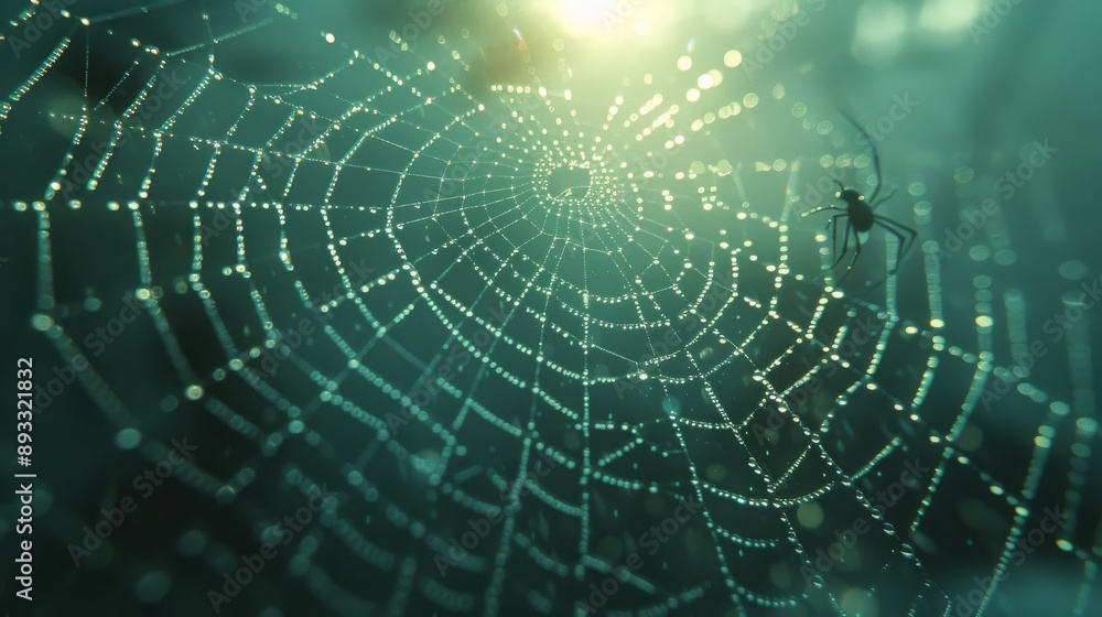 Wall mural a spider sits in the center of a spider web with dew on it - generative ai