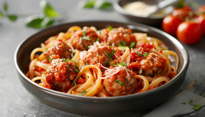 Delicious pasta with meatballs and tomato sauce on grey background
