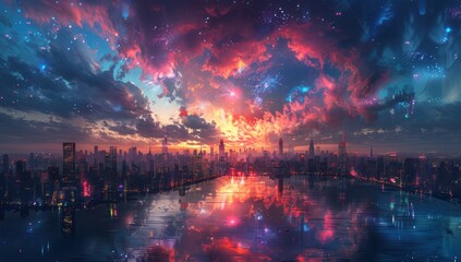 Cityscape Under a Starry and Festive Sky