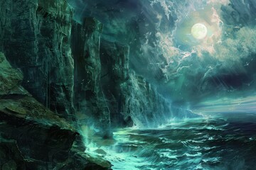 Obraz premium Mysterious moonlight illuminates stormy sea crashing against giant rock formations