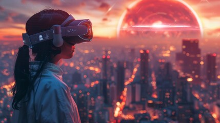 A Woman Wearing a Virtual Reality Headset Looks out Over a Cityscape With a Bright Red Sun in the Background - Generative AI