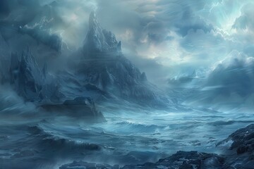 Fototapeta premium Mysterious rock formations emerge from the sea during a raging storm