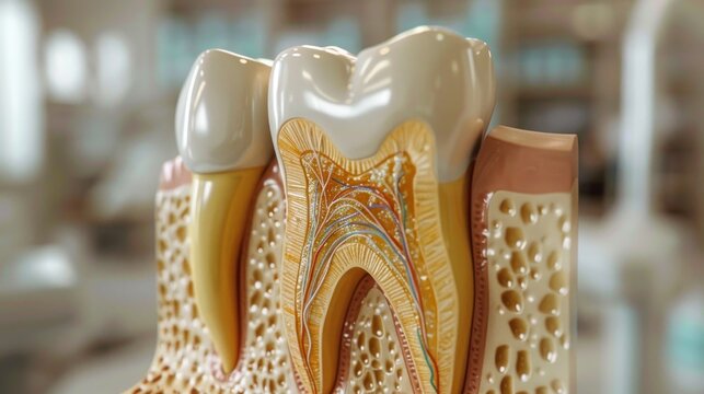 3D model of human tooth showcasing detailed anatomy including crown, enamel, dentin, pulp, and root, with rotating view feature on digital screen.