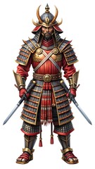 Obraz premium A samurai warrior in full armor stands ready for battle holding two swords