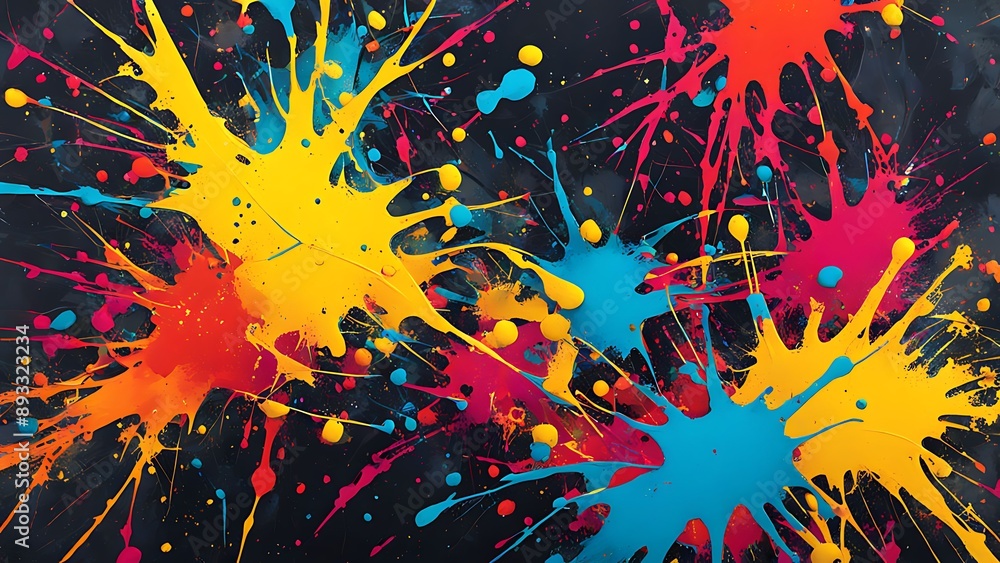 Poster abstract splatter paint in bold, contrasting colors, creating a dynamic and energetic visual impact