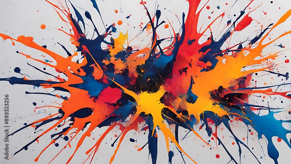 Poster abstract splatter paint in bold, contrasting colors, creating a dynamic and energetic visual impact