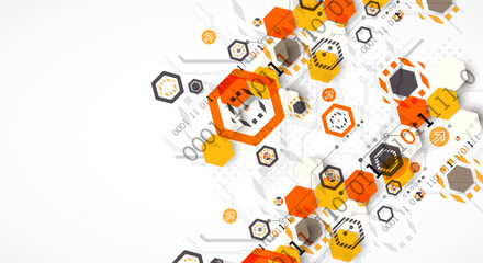 Abstract circuit board background with hexagons. Hi-tech digital technology concept. Hand drawn vector.