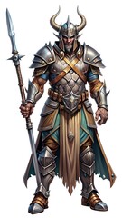 Fototapeta premium A fantasy warrior with horns a helmet and armor stands prepared with a spear in hand