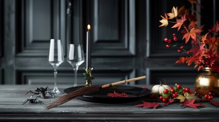 A festive table setting adorned with witches' brooms and spooky Halloween decorations, creating a fun and eerie ambiance for themed gatherings and events.